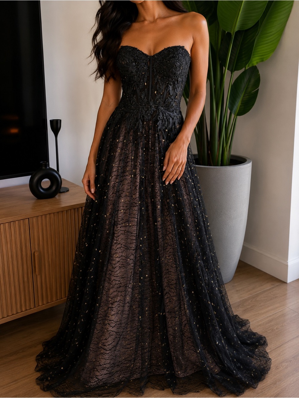 Betsy & Adam Black Lace Strapless Gown with Gold Sequin Accents